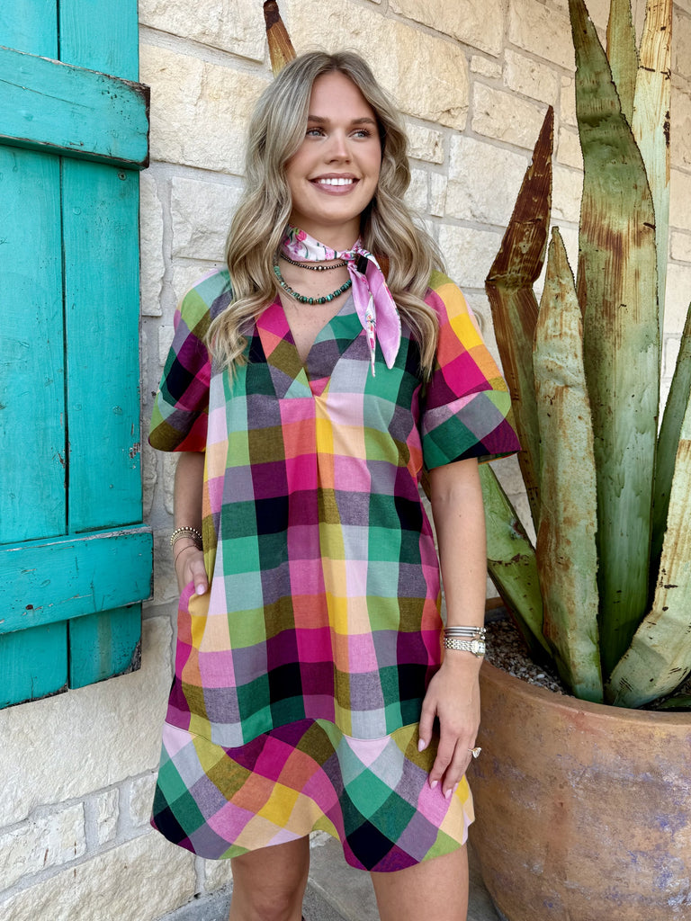Women's multicolor check print V-neck dress with relaxed fit — Blair's Western Wear Marble Falls TX