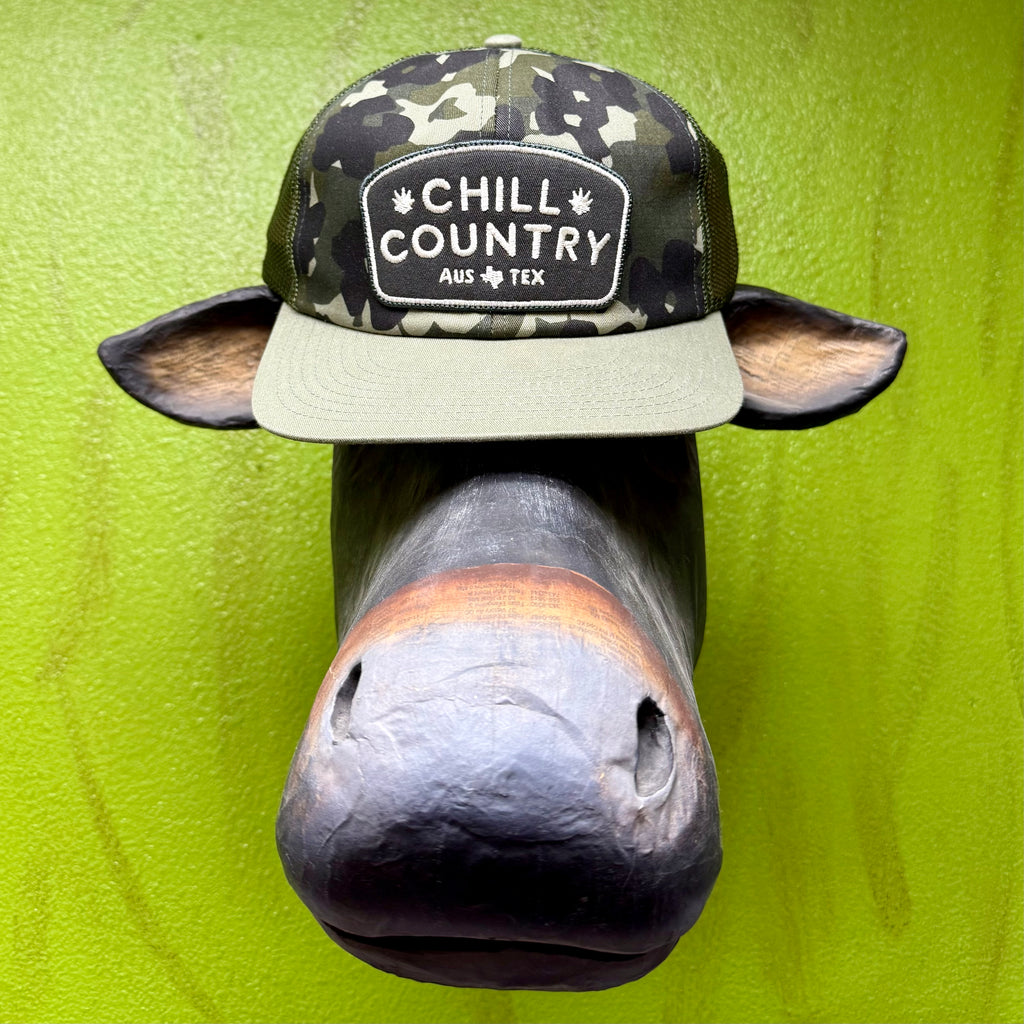 Chill Country cap in camo, featuring an unstructured brushed-twill crown, with a breathable mesh back for all-day comfort – CHILLIN. Available at Blair's Western Wear, Marble Falls, TX.