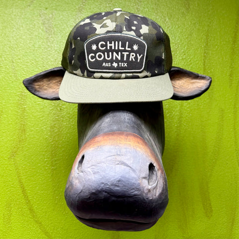 Chill Country cap in camo, featuring an unstructured brushed-twill crown, with a breathable mesh back for all-day comfort – CHILLIN. Available at Blair's Western Wear, Marble Falls, TX.