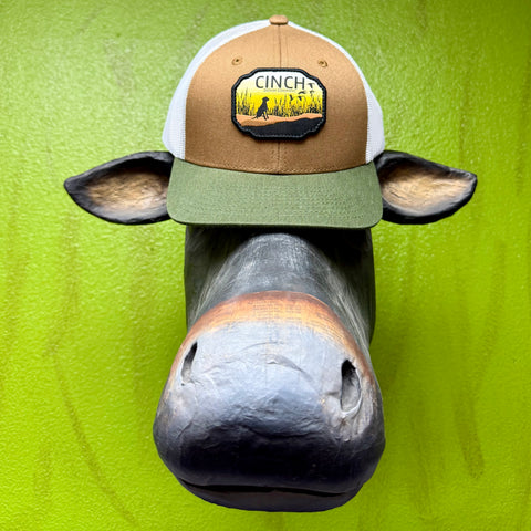 Youth Cinch Bird Dog Cap in Brown, Olive, and White, with a breathable mesh back for ventilation, and an adjustable snapback closure for a secure fit - MCC0606037. Available at Blair's Western Wear, Marble Falls, TX.
