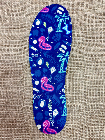 Flat Socks Flamingo Blue/Pink shoe liners with tropical neon flamingo design, moisture-wicking comfort, and non-slip grip backing - 75177FLS00415. Available at Blair's Western Wear, Marble Falls, TX.