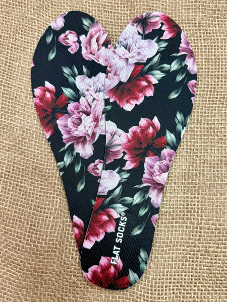 Flat Socks Foot Petal Floral in Black/Pink/Rose, washer- and dryer-safe for easy care, with cushioned foam support for lasting comfort - 75169FLS00684. Available at Blair's Western Wear, Marble Falls, TX.