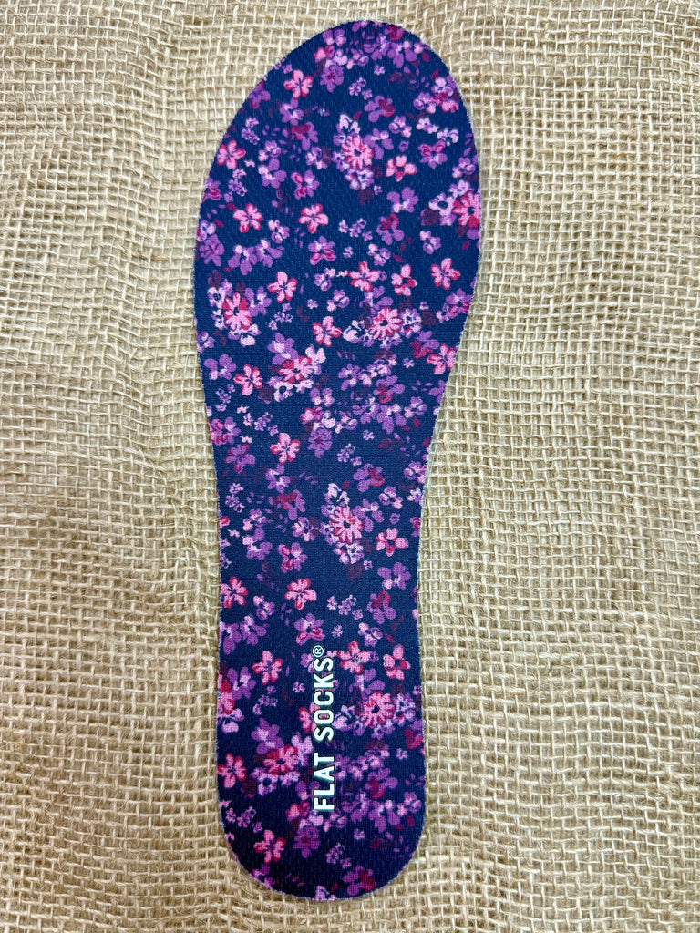 Flat Socks Foot Petal Floral insoles in black and purple, breathable design keeps feet fresh, with moisture-wicking fabric that pulls sweat away from foot - 75169FLS00514. Available at Blair's Western Wear, Marble Falls, TX.