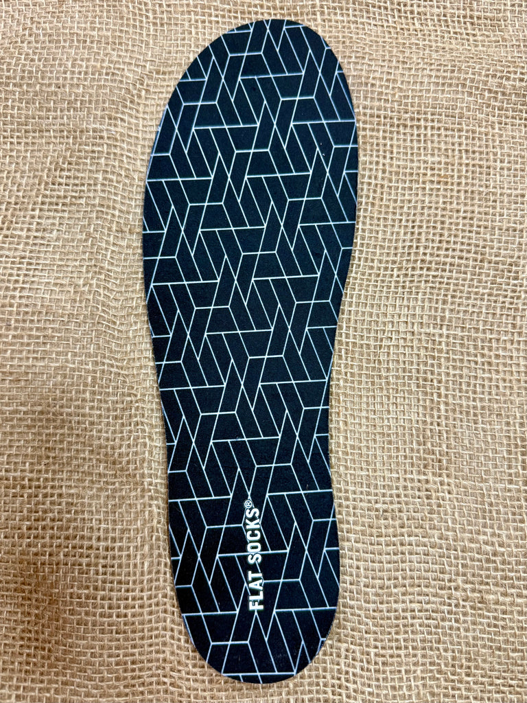 Flat Socks Foot Petal Insoles in black-and-white geometric design, cushioned foam comfort, with non-slip grip underside - 75173FLS00001. Available at Blair's Western Wear, Marble Falls, TX.