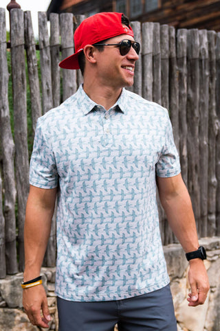 Men's Burlebo Performace Polo in Teal/Natural with Flying Duck Pattern - 0008PPFD - BLAIR'S WESTERN WEAR MARBLE FALLS, TX 