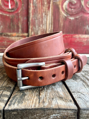 Men's Gingerlich Belt Leather Ranger in brown, crafted with high-quality waxed leather, equipped with a sturdy metal buckle - 825237. Available at Blair's Western Wear, Marble Falls, TX.