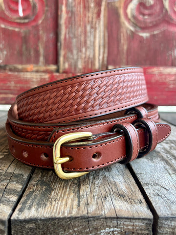 Gingerlich Ranger belt in ging brown, made from high-quality leather, showcasing a basketweave design with a robust gold-tone buckle - 826234. Available at Blair's Western Wear, Marble Falls, TX.