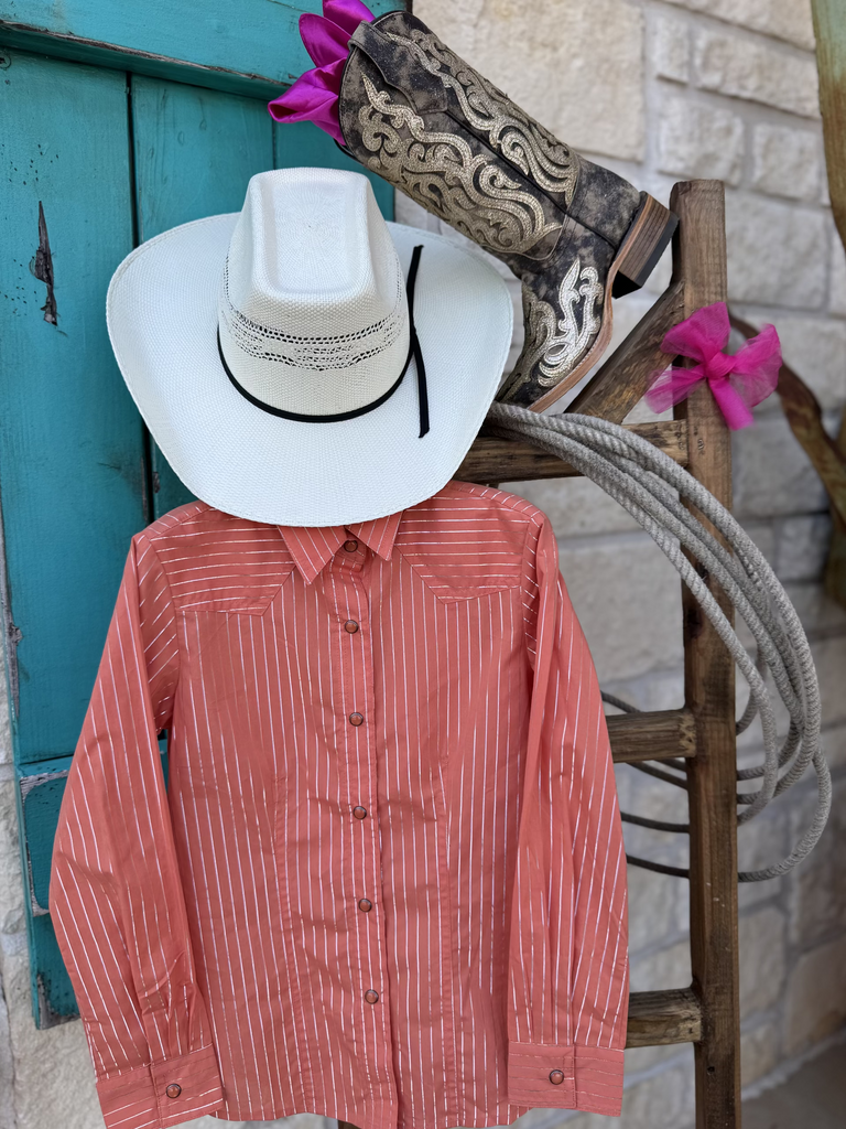 Girl's Long Sleeve Button Down Shirt - CTW3390002 - This long sleeve orange shirt will definitely catch your eye with the cute metallic silver stripes it has. Available at Blair's Western Wear located in Marble Falls, TX. 