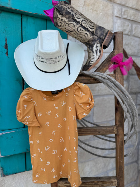 Girl's Short Sleeve Western Tee - CTK8005002 - This golden colored girl shirt features the cutest puffy sleeves and it was acute little western symbols all throughout. Available at Blair's Western Wear located in Marble Falls TX