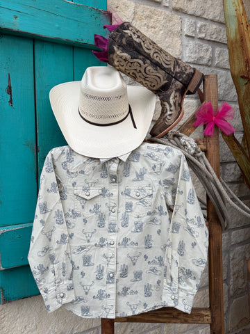 Girls Ariat western shirt in natural with navy print, lightweight cotton fabric for comfortable all-day wear, with pearl snap front and double snap chest pockets - 10065863. Available at Blair's Western Wear, Marble Falls, TX.