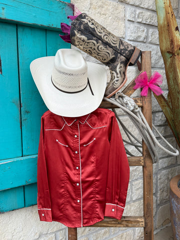 Girls Cruel Girl Western Long Sleeve Shirt in Cranberry, lightweight woven fabric for comfortable all-day wear, with embroidered arrow smiley chest details and white piped western yokes - CTW3370029. Available at Blair's Western Wear, Marble Falls, TX.