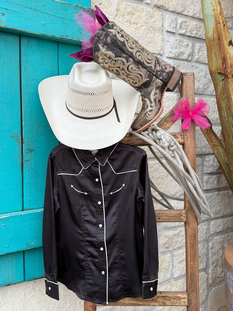 Girls Cruel Girl western snap shirt in black, smooth woven fabric that holds its shape, with white contrast piping and pearl snap closures - CTW3370030. Available at Blair's Western Wear, Marble Falls, TX.