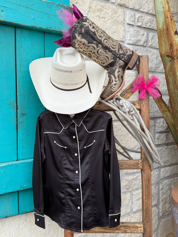 Girls Cruel Girl western snap shirt in black, smooth woven fabric that holds its shape, with white contrast piping and pearl snap closures - CTW3370030. Available at Blair's Western Wear, Marble Falls, TX.