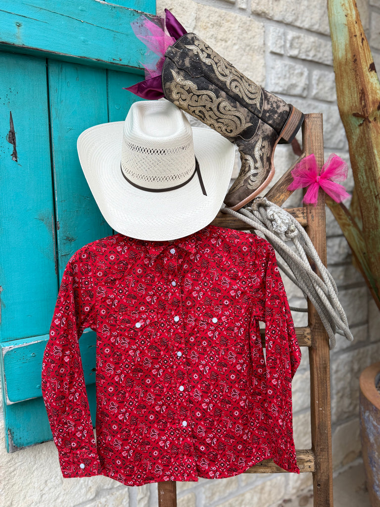 Girls Panhandle Slim Western snap shirt in red paisley, soft lightweight fabric for all-day comfort, with snap front closure for easy wear - RGN2S03829. Available at Blair's Western Wear, Marble Falls, TX.