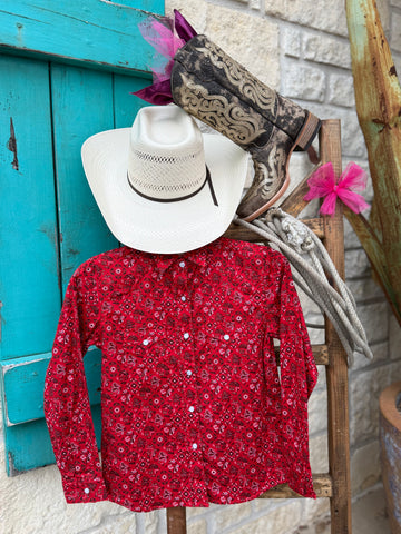 Girls Panhandle Slim Western snap shirt in red paisley, soft lightweight fabric for all-day comfort, with snap front closure for easy wear - RGN2S03829. Available at Blair's Western Wear, Marble Falls, TX.