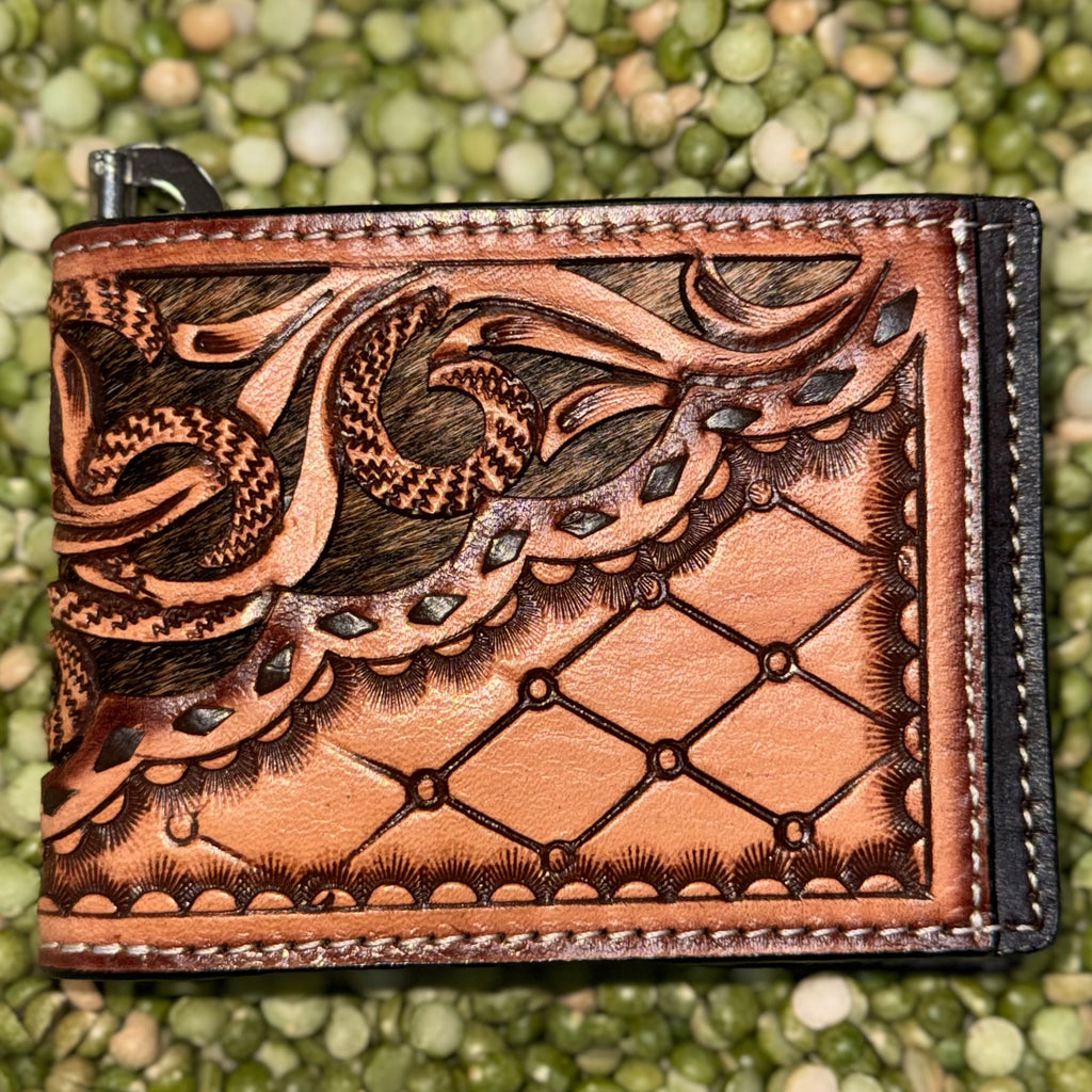 Men's Tooled Leather Overlay Money Clip Bifold Wallet