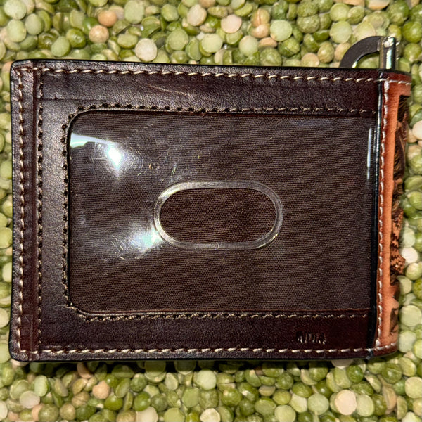 Men's Tooled Leather Overlay Money Clip Bifold Wallet