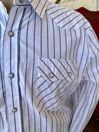 Men's White Navy Pinstripe Pearl Snap Long Sleeve Shirt