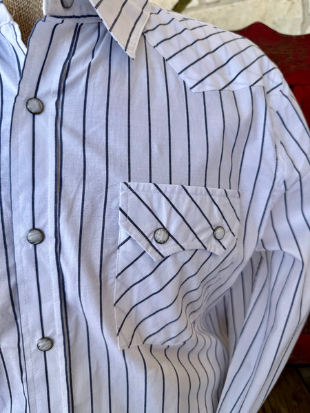 Men's White Navy Pinstripe Pearl Snap Long Sleeve Shirt