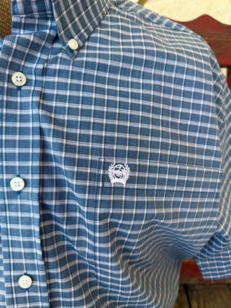 Men's Blue White Plaid Check Button-Down Long Sleeve Shirt