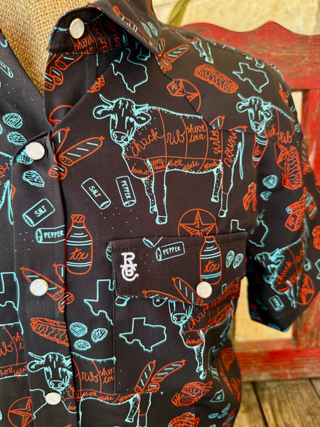 Men's Texas BBQ Print Snap Short Sleeve Shirt