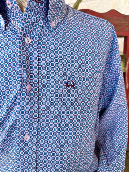 Men's Geometric Medallion Print Button-Down Long Sleeve Shirt