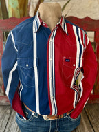 Men's Wrangler Brushpopper Long Sleeve Snap Shirt in Red White Blue - Front View