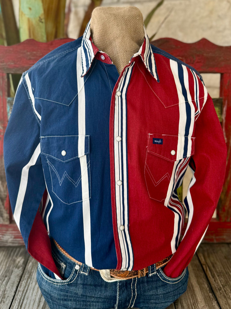 Men's Wrangler Brushpopper Long Sleeve Snap Shirt in Red White Blue - Front View