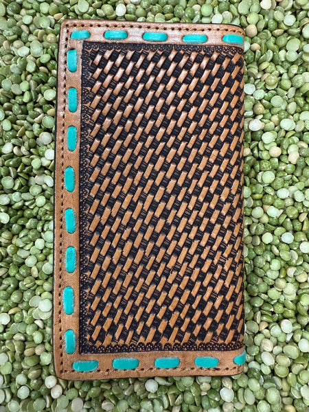 Men's Turquoise Floral Tooled Leather Checkbook Wallet
