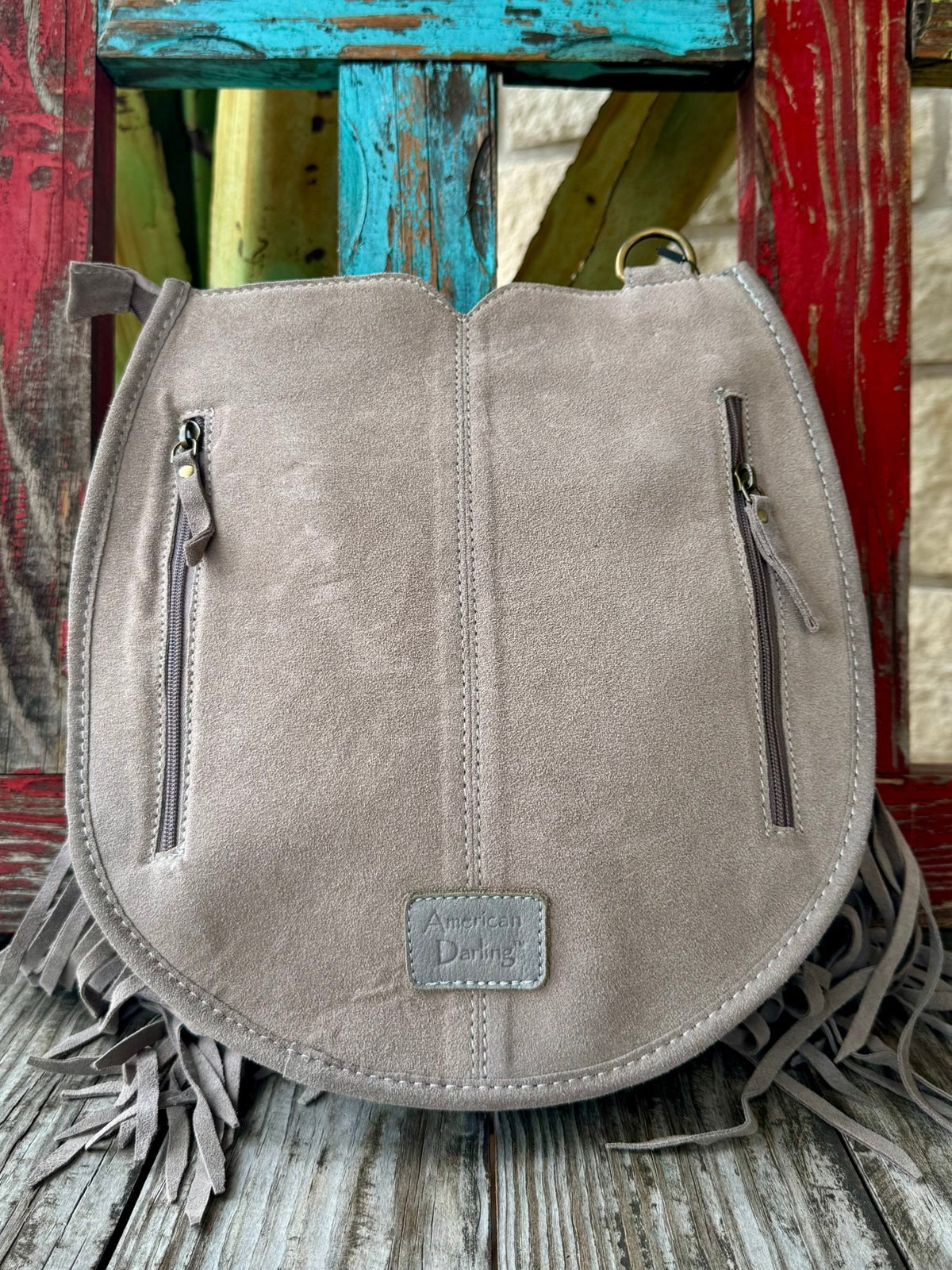Women's Gray Fringe Leather Crossbody with Tooled Flap & Feather