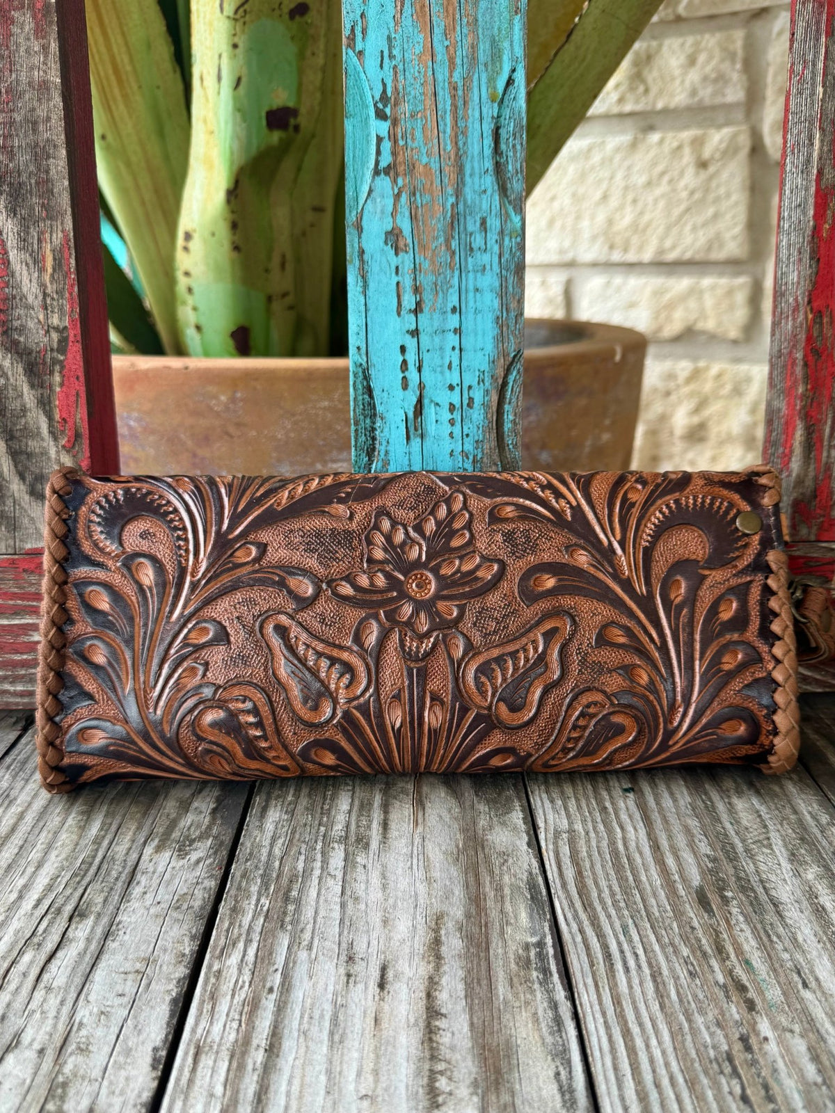 Women's Brown Tooled Leather Wristlet Clutch