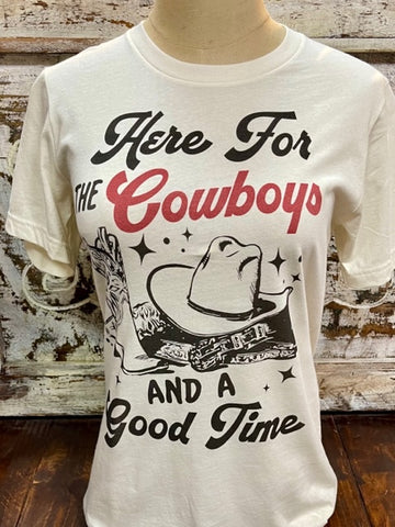 Ladies Graphic western T-Shirt "Here For The Cowboys And A Good Time" - GOOD TIME - BLAIR'S WESTERN WEAR MARBLE FALLS, TX 