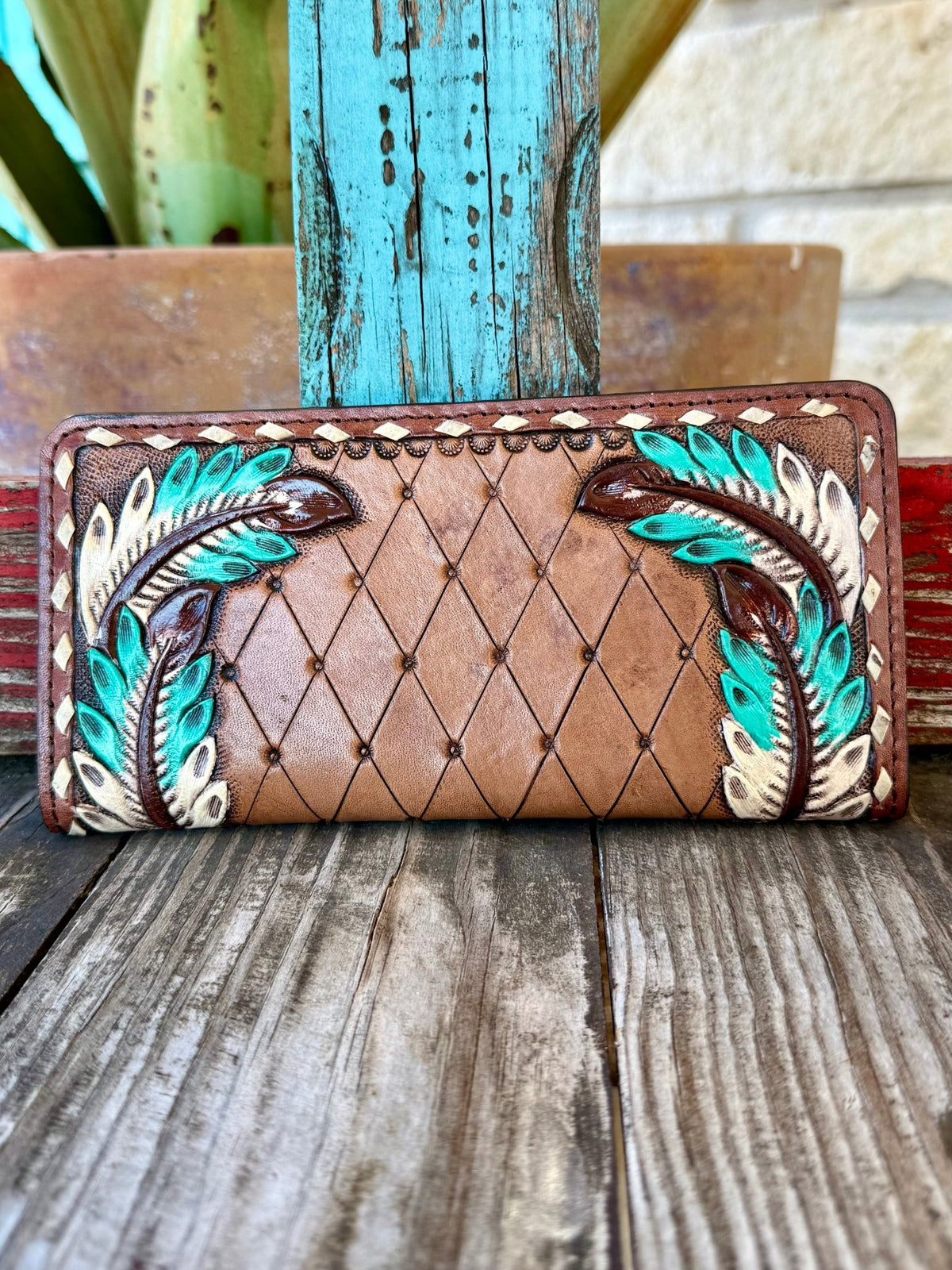 Women's Brown Turquoise Thunderbird Tooled Leather Zip Wallet