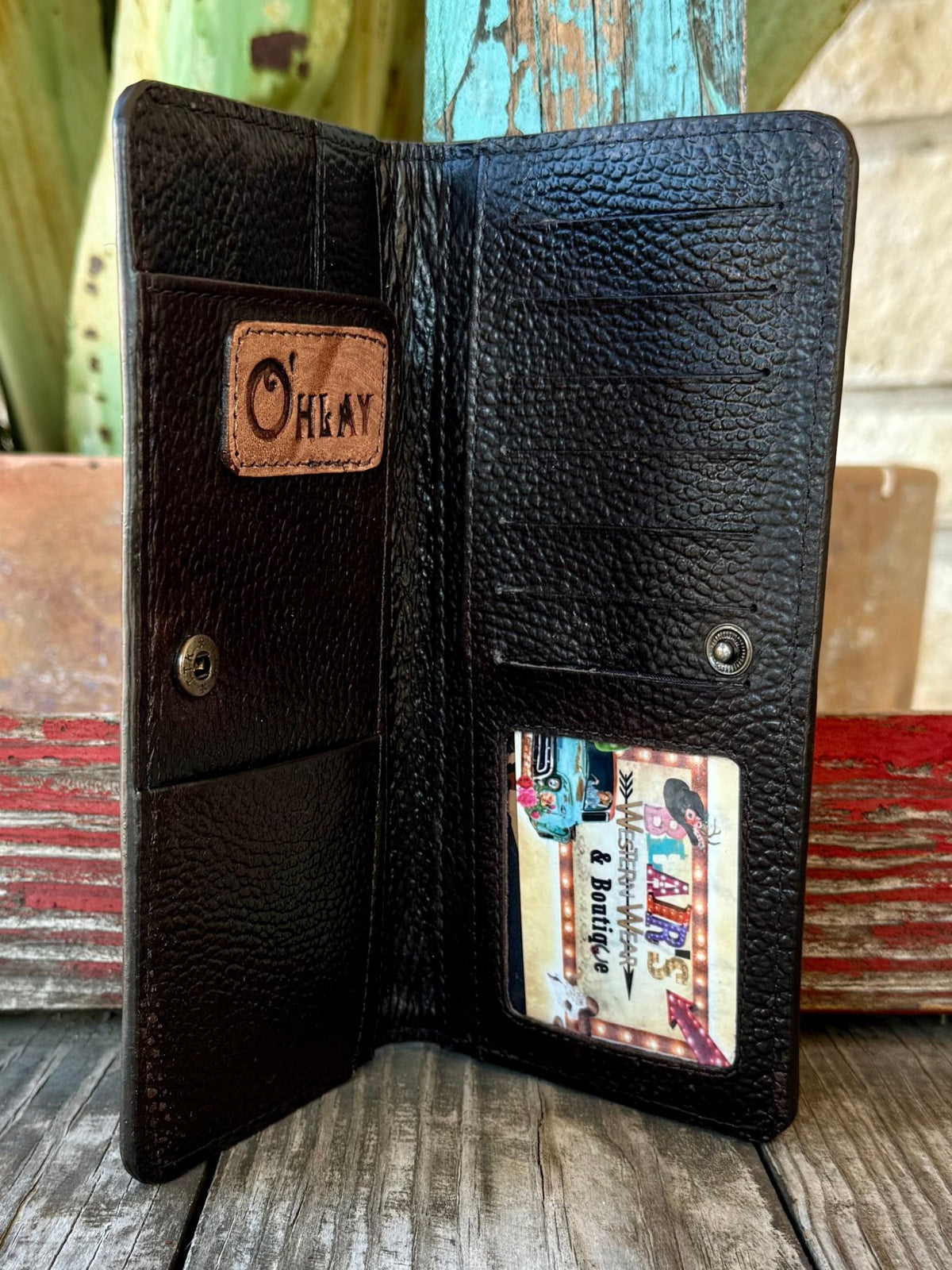 Women's Brown Turquoise Thunderbird Tooled Leather Zip Wallet