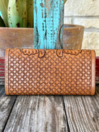 Women's Natural Leather Blanket Inlay Tooled Wallet