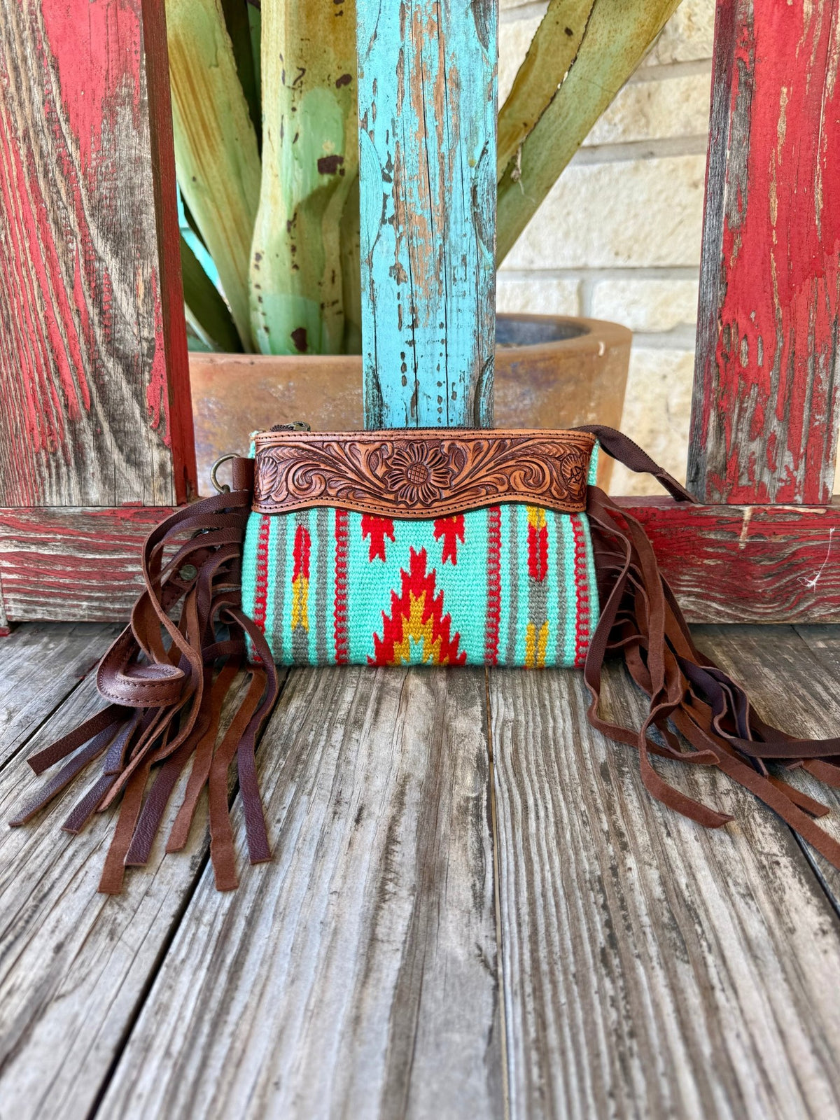Women's Mint Blanket Fringe Tooled Leather Crossbody Purse