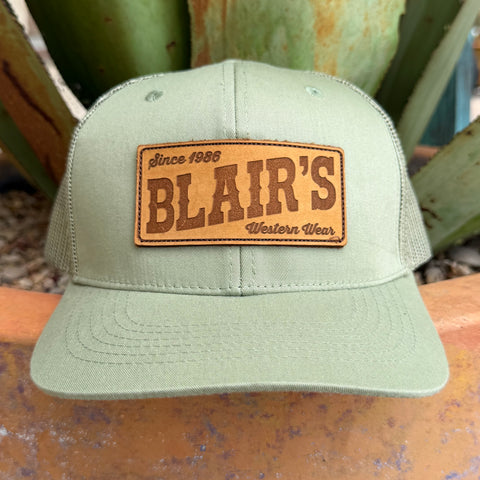 Blair's Western Wear Green Leather Patch Cap