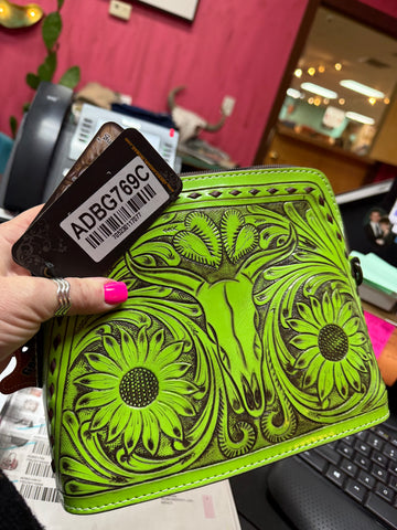 Women's American Darling tooled steer leather crossbody purse in green, hand-tooled Western steer and floral design, secure zip closure with adjustable strap – ADBG769C. Available at Blair's Western Wear, Marble Falls, TX.