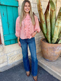 Women's dark wash Cruel Girl front seam trouser jean styled with peach eyelet top and western boots, full outfit front view — Blair's Western Wear Marble Falls TX
