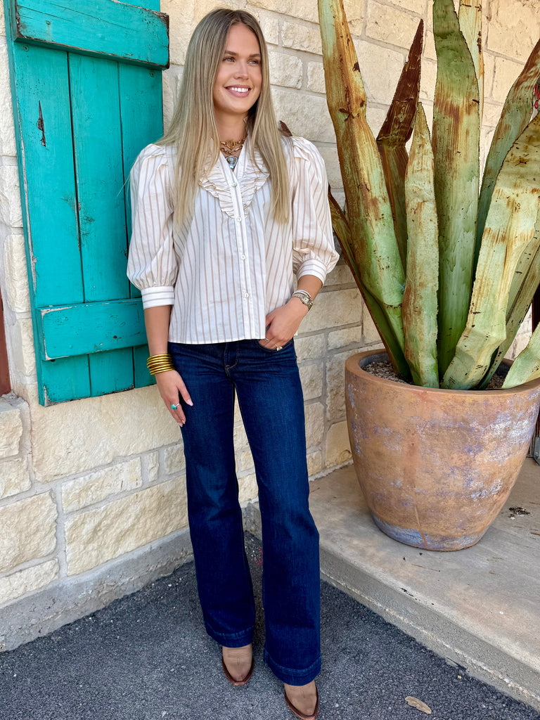 Women's dark wash Ariat Perfect Rise Straight Trouser jean with signature embroidered back pocket detail close-up — Blair's Western Wear Marble Falls TX