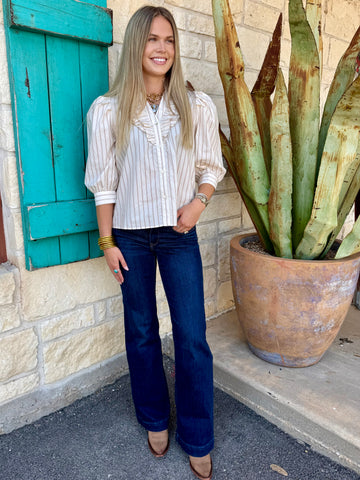 Women's dark wash Ariat Perfect Rise Straight Trouser jean with signature embroidered back pocket detail close-up — Blair's Western Wear Marble Falls TX