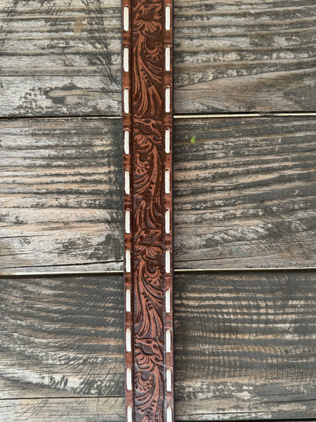 Ladies Floral Tooled Whipstitch Leather Belt with Cactus Scene Buckle