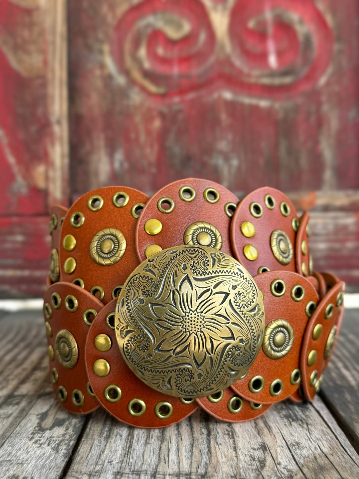 Ladies Cognac Leather Circle Disc Concho Belt