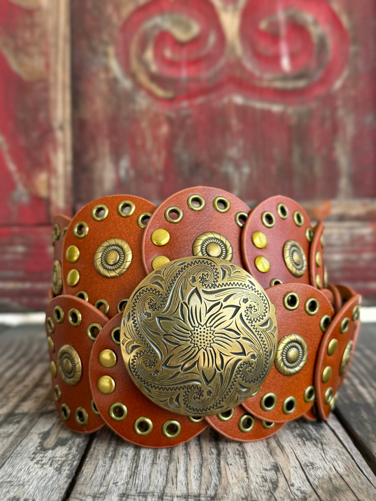 Ladies Cognac Leather Circle Disc Concho Belt