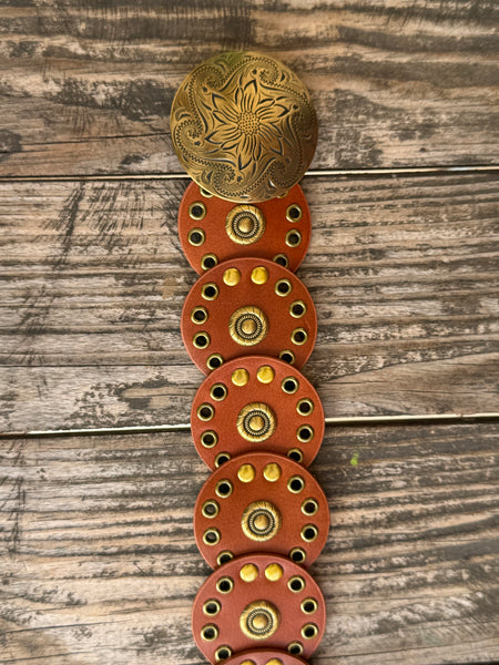Ladies Cognac Leather Circle Disc Concho Belt