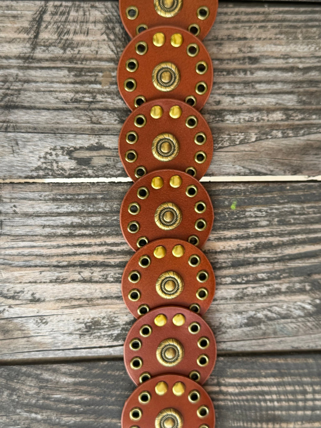 Ladies Cognac Leather Circle Disc Concho Belt