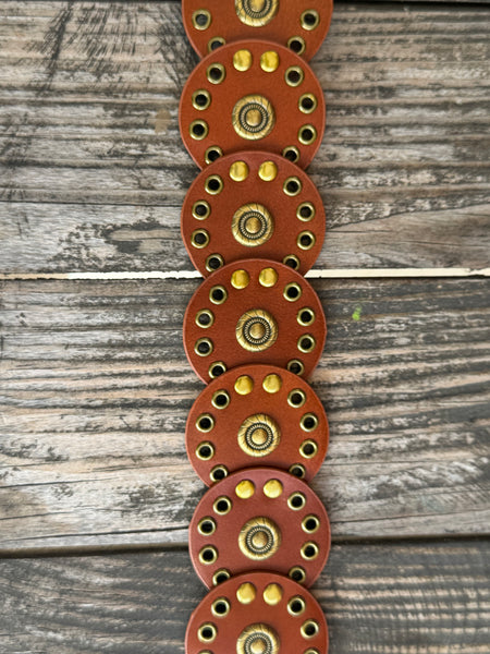 Ladies Cognac Leather Circle Disc Concho Belt
