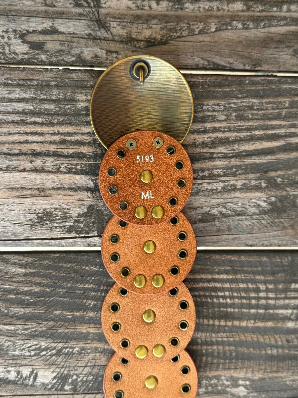 Ladies Cognac Leather Circle Disc Concho Belt