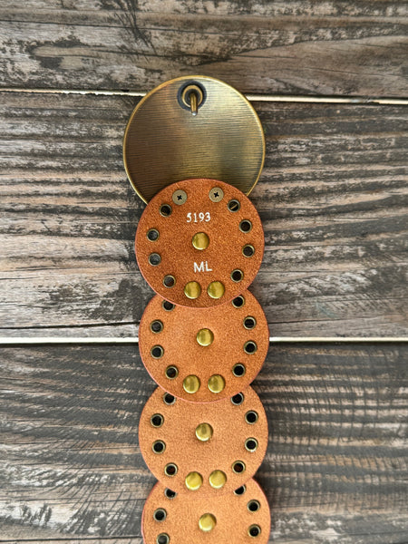 Ladies Cognac Leather Circle Disc Concho Belt