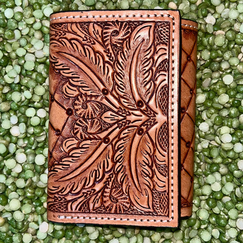 Men's Diamond Lattice Tooled Leather Trifold Wallet